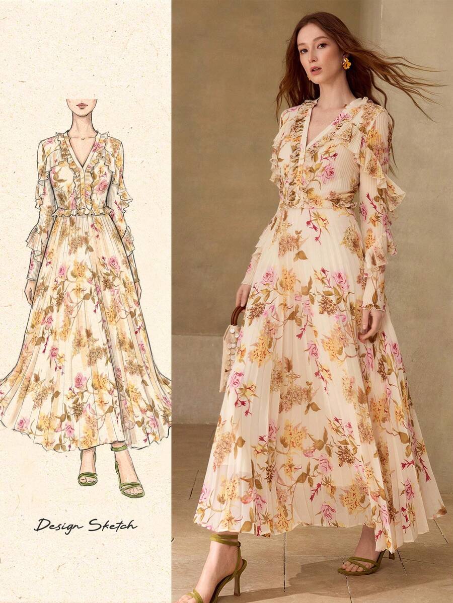 MOTF PREMIUM VESTIDO MIDI ELEGANTE DE MUJER CON PLIEGUES Y VOLANTES, PRIMAVERA/VERANO - Albaricoque - Ver 1