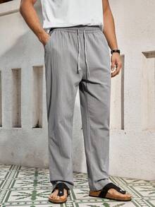 Mercer Haus Men's Breathable Thin Linen Loose Casual Sports Pants, Suitable For Beach, Spring/Summer , Suitable For Summer Tropical Holiday Vacation In Hawaii. - Light Grey - View 5