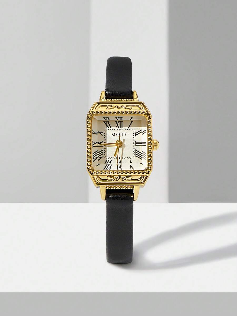 MOTF PREMIUM ENGRAVED GOLD-TONE ROMAN NUMERAL WOMEN'S WATCH - Black - View 2