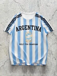 EVRINFINITE 阿根廷国家足球队球衣T恤 - 轻盈透气的圆领T恤，印有阿根廷队队徽和文字，条纹设计，是足球迷的理想之选，夏季足球球衣 - 彩色 - 查看 1