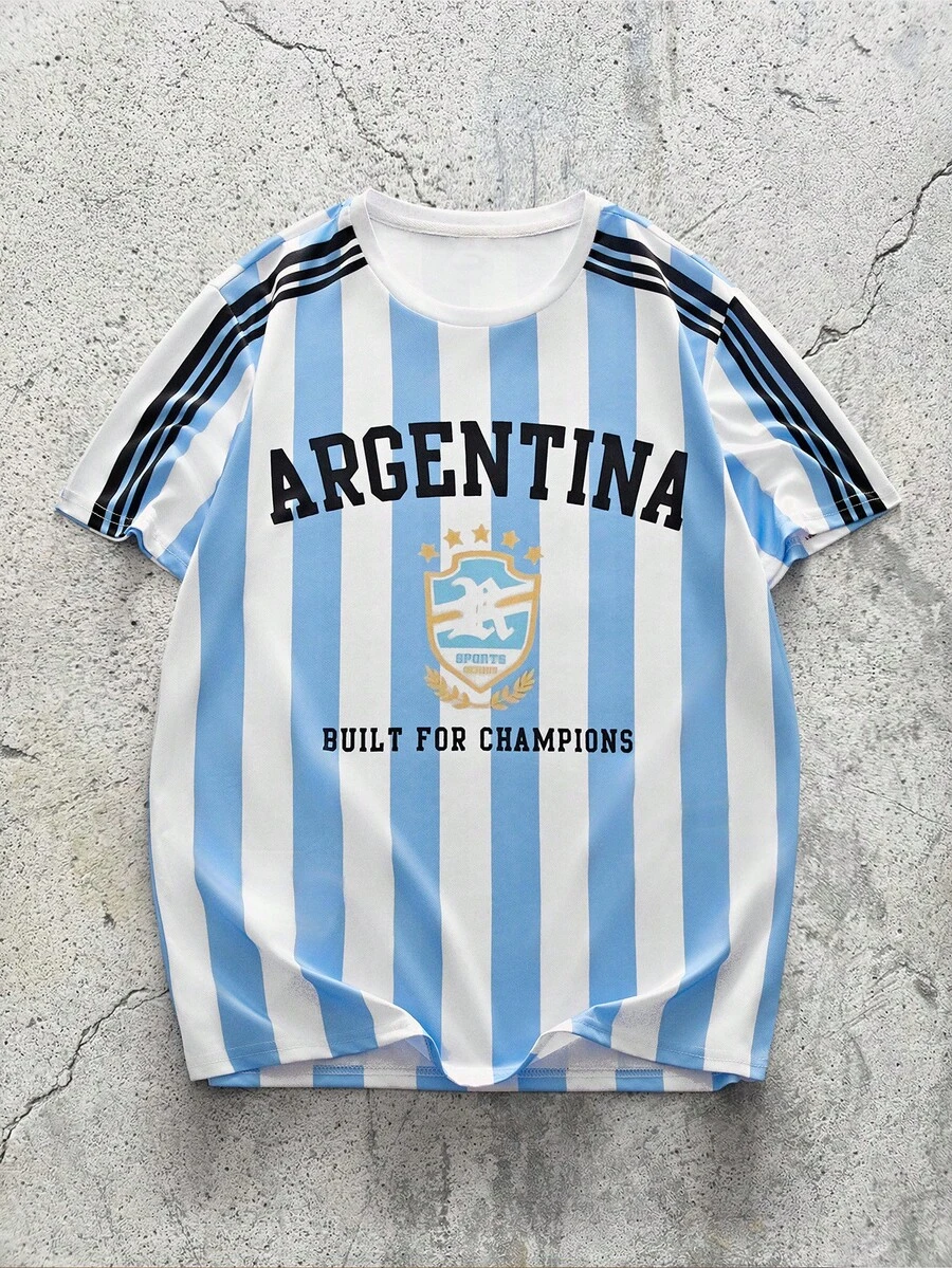 EVRINFINITE 阿根廷国家足球队球衣T恤 - 轻盈透气的圆领T恤，印有阿根廷队队徽和文字，条纹设计，是足球迷的理想之选，夏季足球球衣 - 彩色 - 查看 1