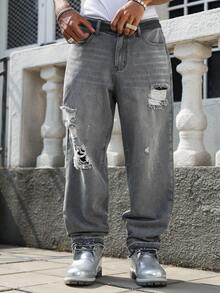 Manfinity EMRG Men's Casual Distressed Embroidered Loose Fit Dark Grey Jeans - Dark Grey - View 2