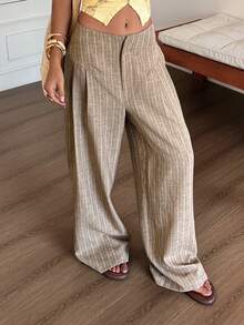 DAZY Quần tây nữ kẻ sọc kiểu dáng thường ngày, thích hợp cho mùa hè. - Màu Khaki - Xem 5