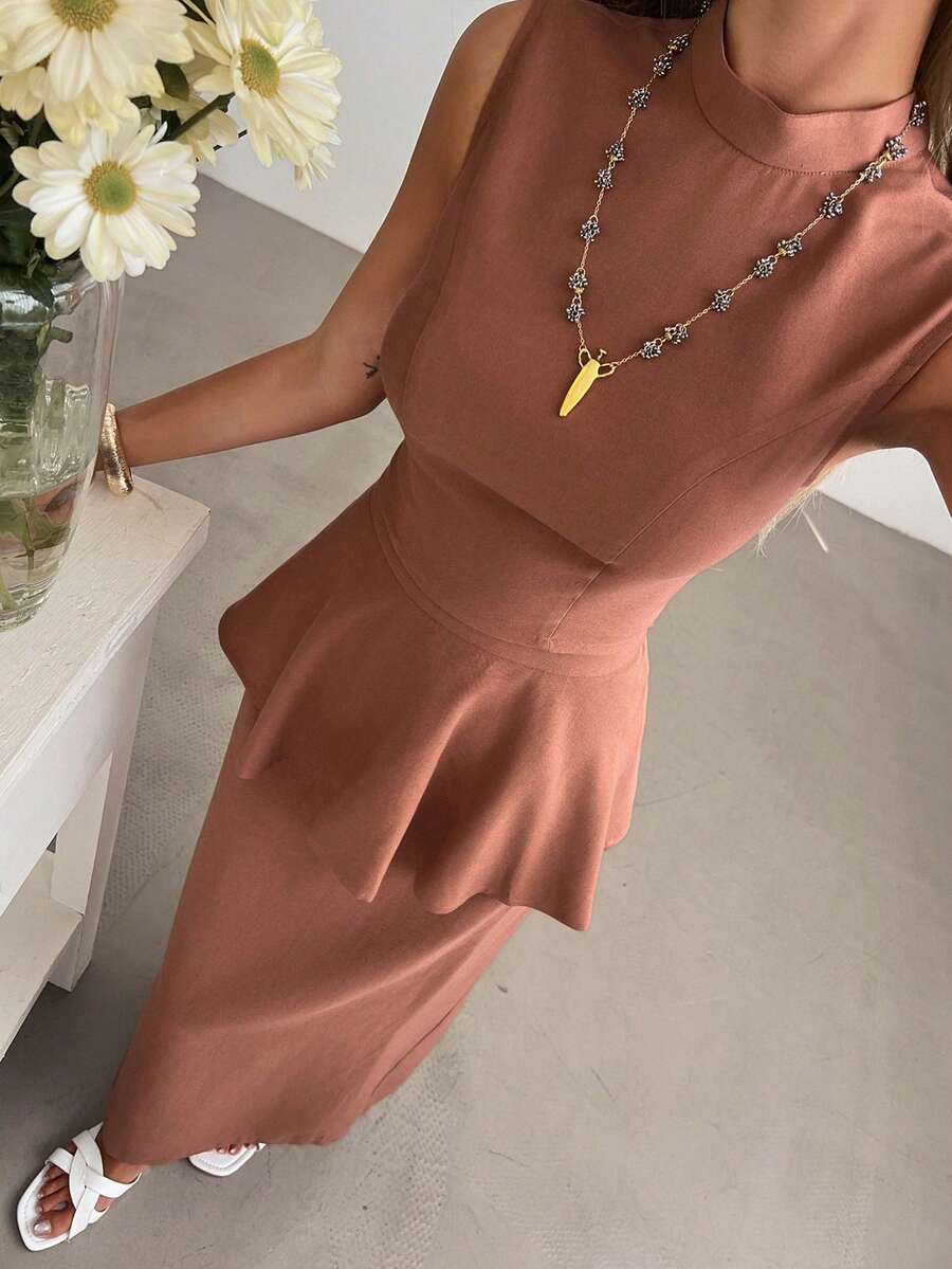 Livesso 女士夏季度假/办公套装，棕色高领无袖露脐上衣和休闲半裙两件套 - 咖啡棕 - 查看 1