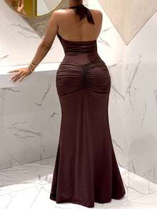 Slaydiva 新款春夏优雅性感深V领鱼尾连衣裙，适合派对、生日、酒吧、夜店、情人节、约会、晚宴、宴会等场合。弹力针织面料，大码裹身连衣裙，女士长款连衣裙，裹身连衣裙，惊艳连衣裙，女士奢华连衣裙，女士优雅舞会礼服，晚礼服。 - 棕色 - 查看 3