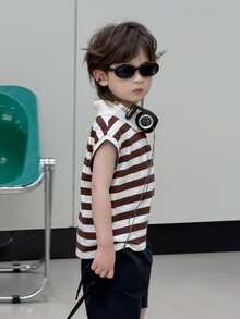 DAZY Bộ áo polo và quần short kẻ sọc thời trang thường ngày cho bé trai mùa hè, thích hợp cho kỳ nghỉ, đi làm, đi chơi, dạo phố. - màu nâu - Xem 5