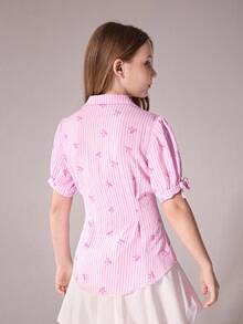 Sparklyn 女童休闲格子蝴蝶结短袖衬衫，柔软时尚设计，适合夏季度假、旅行、上学和日常穿着。 - 粉色 - 查看 2