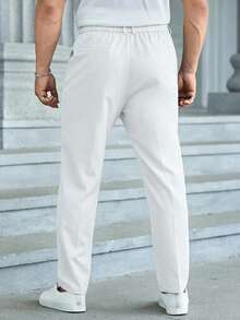 EASEVO Celana Panjang Slim Fit Tenun Minimalis Warna Polos untuk Pria Ukuran Besar, Pakaian Kerja Sehari-hari - Putih - View 2