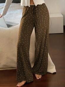 Livesso Ditsy Floral Knit Contrast Trim Waist Loose Straight Leg Long Pajama Pants, Suitable For Summer And Spring, Women - Olive Green - View 4