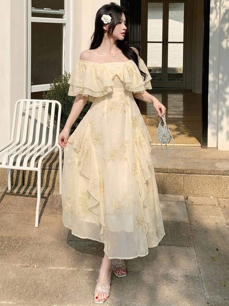 Embellished Cap Sleeve Ruffle Hem Midi Waist Dress For Women Summer Floral Dresses For Women
