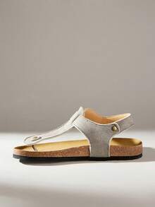 Solecia Sandalias casuales de mujer para primavera y verano, sandalias planas de tira entre los dedos de unicolor para vacaciones de primavera y Pascua - Gris terciopelo - Ver 3