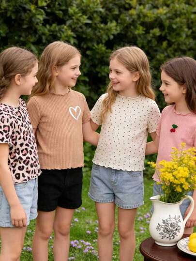 Set de 4 piezas con decoración de cerezas para niña, camiseta de manga corta a juego con estampado de lunares de leopardo y corazón, y dobladillo acanalado, jersey informal adecuado para uso diario