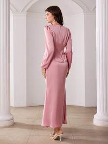 Modelyn 女士法式高端粉色长袖上衣，腰部收紧，搭配鱼尾裙摆两件套 - 藕粉色 - 查看 2