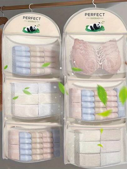 三层悬挂式网状收纳袋，适用于内衣、袜子、胸罩等，透明可视口袋，壁挂式设计，节省空间，适用于宿舍、家庭卧室等场所收纳。