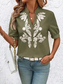 SHEIN Clasi Blusa con escote en V y bordado de ojales para mujeres - Verde militar - Ver 6