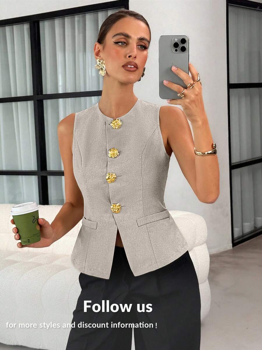 Lavishia 法式风格女士无袖背心，通勤装，金属大纽扣衬衫，夏季波西米亚机场风 - 灰色 - 查看 1