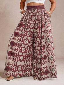 Freevana Quần ống rộng cỡ lớn in họa tiết toàn thân, túi xoắn, kiểu dáng thường ngày, thích hợp cho kỳ nghỉ. - Màu Đỏ Sâu - Xem 1