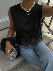 Siren Gaze 女士纯色圆领撞色蕾丝休闲背心 - 黑色 - 查看 5