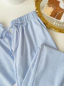 INAWLY Casual Striped Baby Blue Spaghetti Strap Camisole And Pants Co-Ords For Summer - Baby Blue - View 4