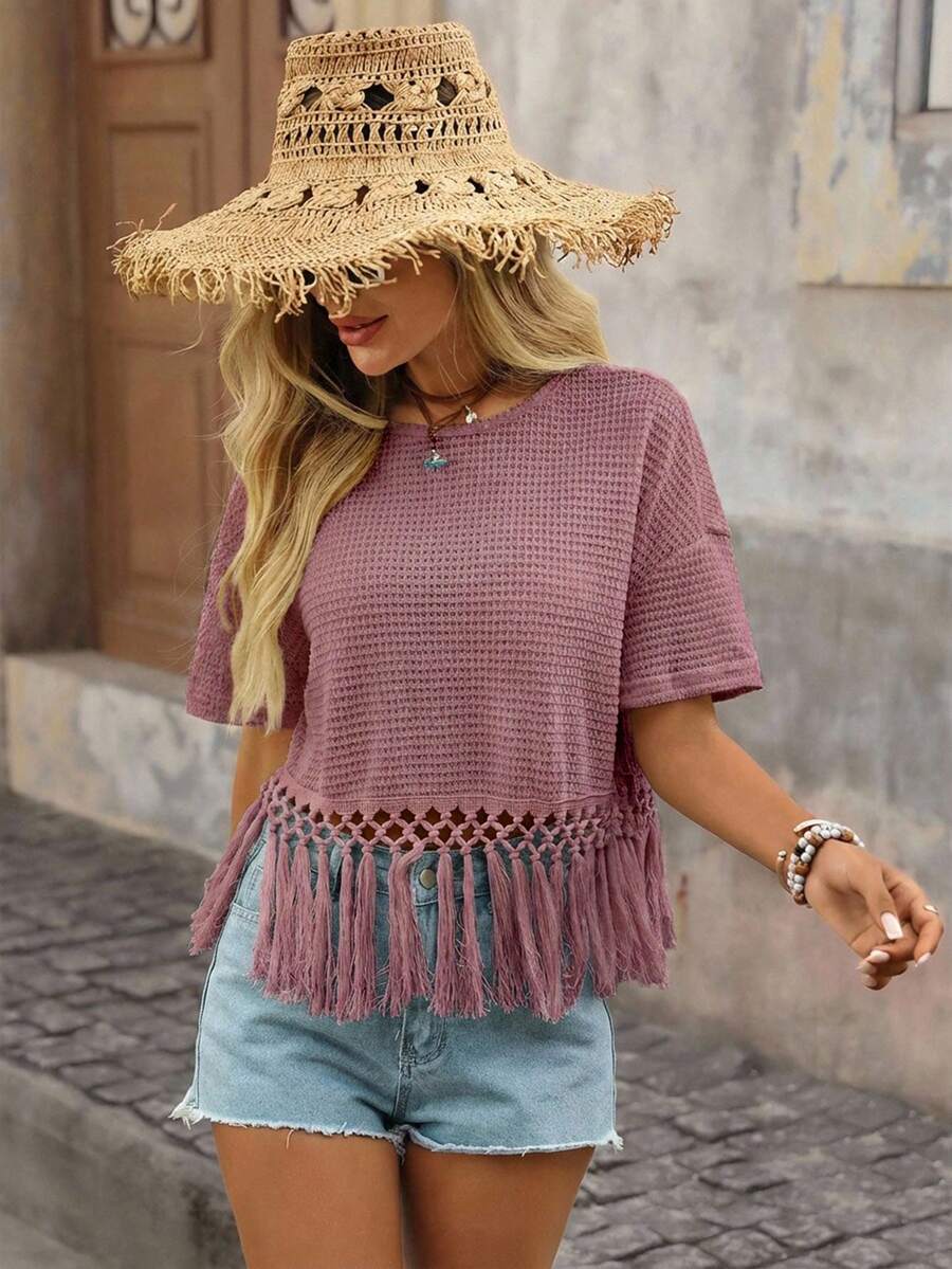 Brillora Round Neck Hollow Out Knit Crochet Patchwork Tassel T-Shirt - Dusty Pink - View 1