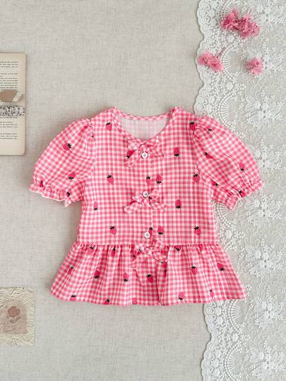 SHEIN 4-7 Years Old Girls' Puff Sleeve Round Neck Shirt, Pink & White Wavy Digital Print With Bow Decor, Sweet & Playful, Suitable For Weekend Outings, Parties And More