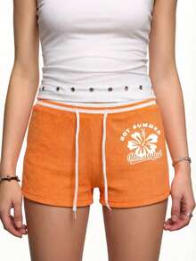 Rina Fox Women's Orange Off-Shoulder Letter Print Drawstring Waist Shorts - Orange - View 1