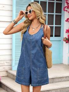 Vivid Eden 女士休闲宽松牛仔背带短裤，带双口袋 - 藍色 - 查看 5