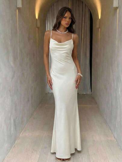 Aloruh 女士纯色优雅露背收腰派对连衣裙