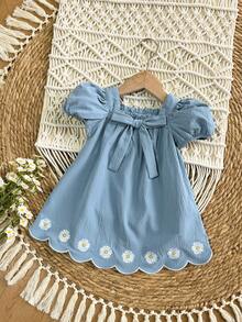 SHEIN Đầm ngắn tay in hoa thanh lịch cho bé gái, màu xanh dương - Màu xanh lam - Xem 3