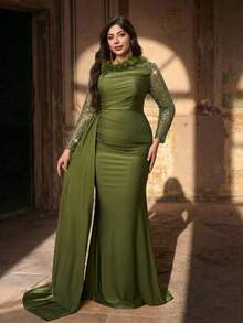 Aureia Robe de soirée élégante et glamour de grande taille, verte, de luxe, avec perles, sequins, manches longues transparentes, plumes et volants, avec une fente style sirène. Convient pour les soirées, les enterrements de vie de garçon/jeune fille, les rendez-vous, les bals de promo, les vacances, les mariages et autres événements. Robe de soirée Top de gamme, idéale pour la Saint-Valentin - Vert - Voir 2