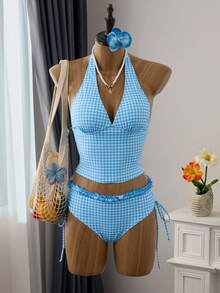 Swim Vcay Women's Tankini 2-Piece Swimwear Set, Plaid Print With Ruffle Trim, Halter Neck Tie Top And Drawstring Bottoms, Summer Beach Swimwear - Blue - View 3