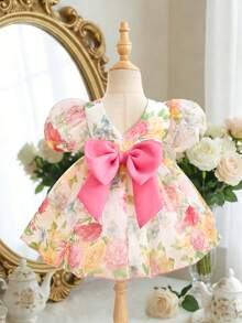 SHEIN 2026新款女童印花连衣裙，时尚高端优雅花瓣袖公主裙 - 粉色 - 查看 6