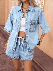 Selianne Pantalones cortos vaqueros sueltos y versátiles con cintura con cordón y bolsillos para mujer - Lavado ligero - Ver 9