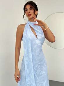 Firerie Women's Elegant Light Blue Long A-Line Dress,Flared Hollow-Out Waist Wedding Guest Bridesmaid Dress,Summer Tropical Holiday Vacation Holiday - Sky Blue - View 3