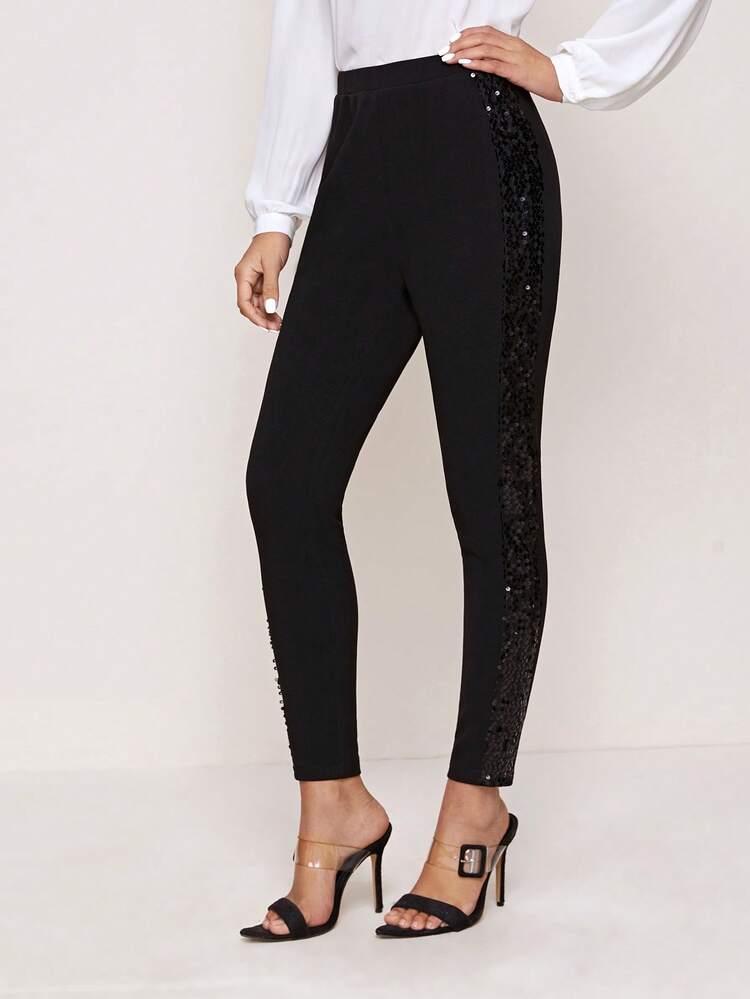 Black Sequin Panel Cropped Skinny Pants