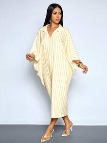 SOLERSUN Women's Summer Simple & Elegant Beach Vacation Yellow Striped Print Batwing Sleeve Long Dress With Twist Waist And Hollow Out Design Casual Vacation Outfits For Summer,Beach-Ready Outfits Travel, Daily Wear, Party,Holiday - Yellow - View 7
