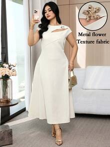 Feyla Vestido de manga corta con cuello redondo y decoración de estrella de cinco puntas en talla grande de unicolor - Albaricoque - Ver 2