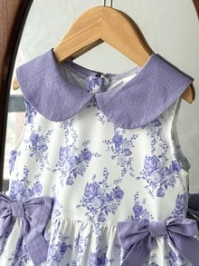 SHEIN 女童紫色彼得潘領碎花蝴蝶結裝飾休閒度假時尚無袖洋裝 - 白色 - 查看 5