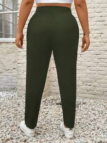 SHEIN PETITE CURVE 大码休闲高腰锥形裤 - 綠色 - 查看 2