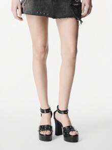 ROMWE Grunge Punk 暗黑摇滚朋克哥特风夏季露趾Y2K派对礼服鞋铆钉搭扣主题活动高跟鞋防水桌鞋女士高跟凉鞋 - 黑色 - 查看 4