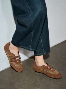 2025 秋冬春季复古红色百搭钩环玛丽珍鞋，女士休闲圆头平底皮鞋，芭蕾鞋 - 棕色 - 查看 4