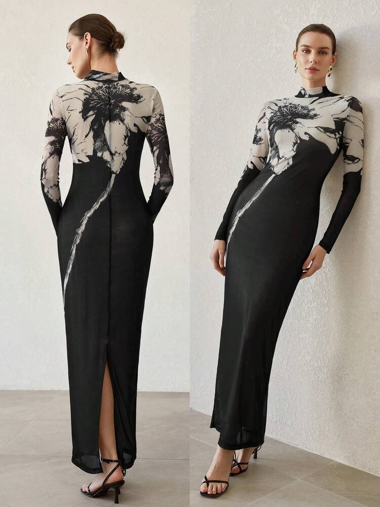 WOMEN'S FLORAL PRINT SLIT FITTED DRESS