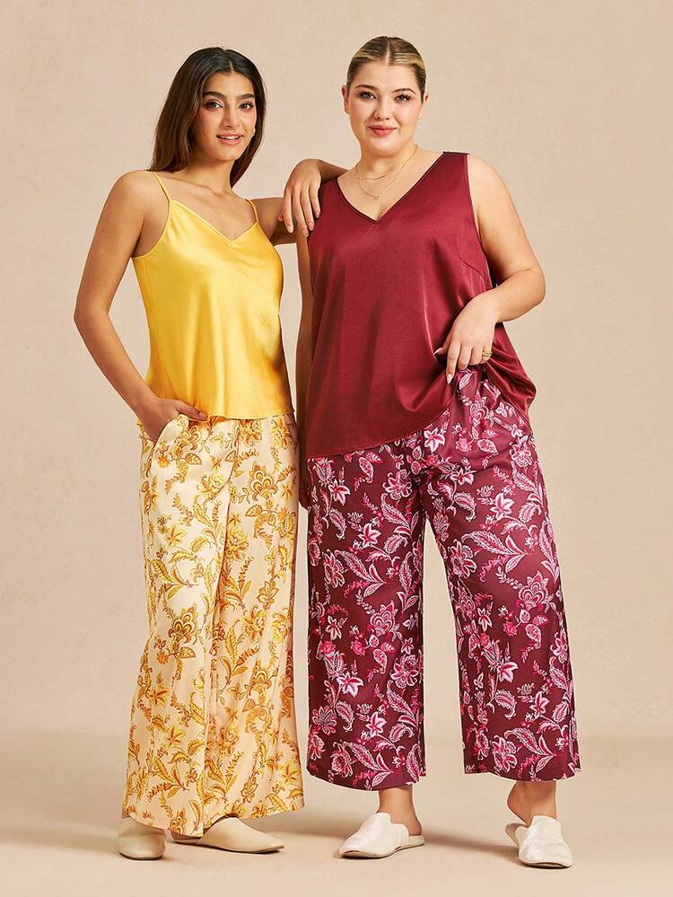 Set pigiama estivo sexy con design schiena scoperta, in raso giallo e oro - Top con spalline sottili e pantaloni ampi a gamba larga con motivo floreale, abbigliamento da relax adatto per tutte le stagioni