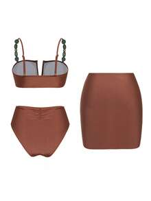 Swim Oasis-D Women Solid Color Spaghetti Strap Chain Decor V-Neck Top & Triangle Bottoms & Skirt 3 Pieces Swimwear - Coffee Brown - View 4