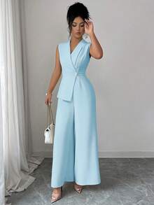 Elenzga Áo blazer cổ chữ V màu mơ trơn, thiết kế dây thắt eo, trang phục thanh lịch chuyên nghiệp, phù hợp cho công sở, họp hành, đi học, ngày lễ tình nhân, ngày động, lễ Phục sinh, du lịch, phong cách đường phố thường ngày, bộ jumpsuit mùa xuân/hè. - Màu xanh lam - Xem 7