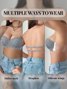1pc Lace Backless Underwire Bra, Small Bust Enhancing Seamless Strapless Camisole Bra - Grey - View 5