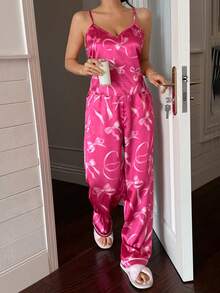 Conjunto de pijama de camiseta de tirantes y pantalones de seda sintética con estampado de lazo - Rosa Fucsia - Ver 6