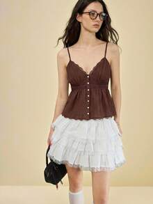 SHEIN Unity New Spring/Summer V-Neck Lace Patchwork Adjustable Spaghetti Strap Camisole Top With Front Button Decor, Coffee Brown, Vintage Chic For Work - Coffee Brown - View 2