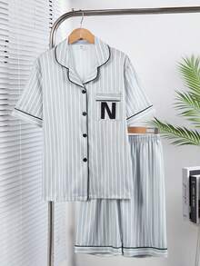 Teen Boy Striped Text Print Pattern Short Sleeve Shorts & Cardigan Pajama Set, Milk Silk Fabric, Casual Loungewear For Teens - Grey - View 8