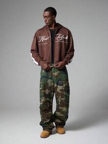 STYNVO Men's Striped & Numeric Print Hooded Zip-Up Long Sleeve Sweatshirt Sweatshirt - Brown - View 6